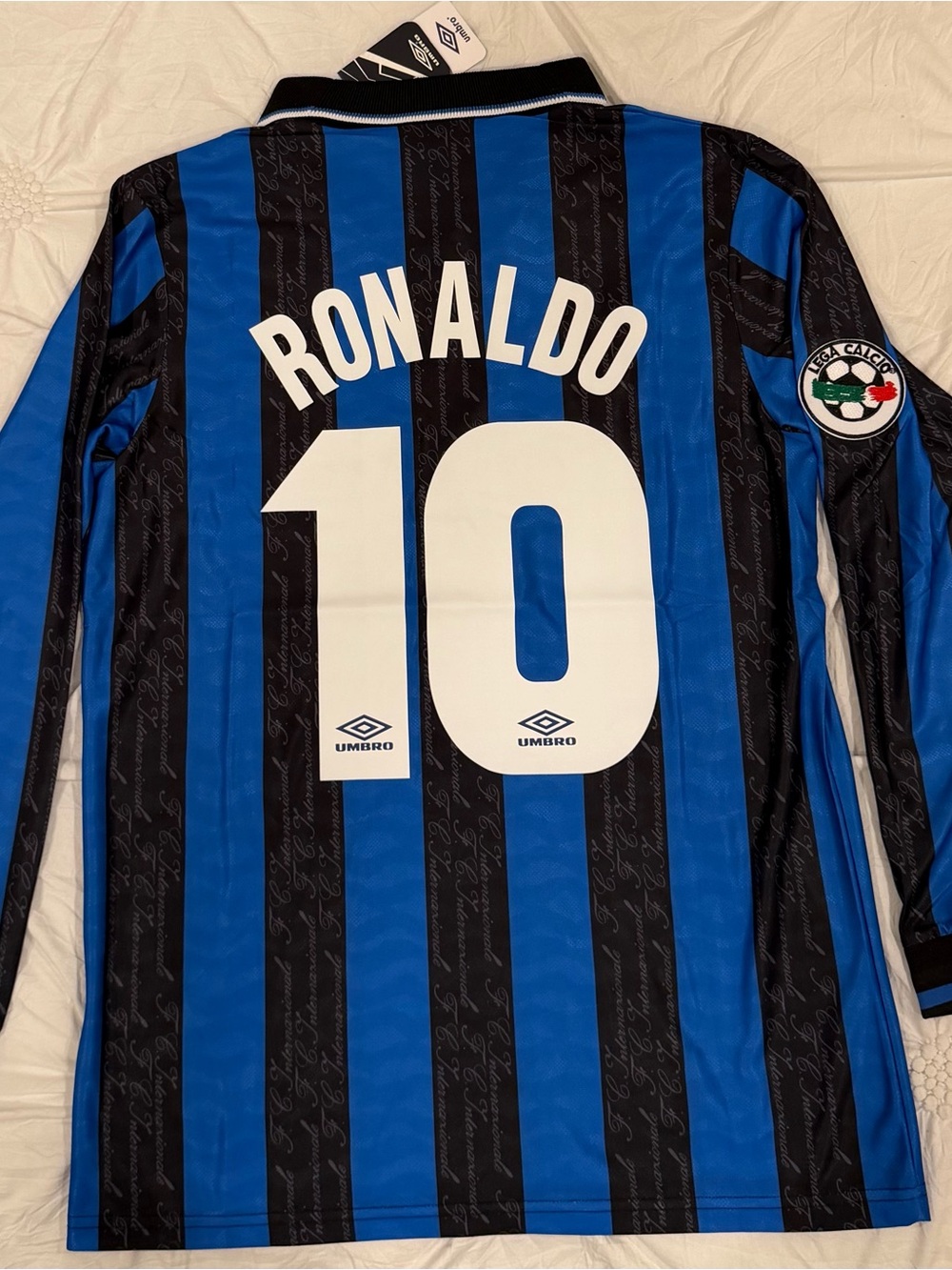 Umbro Blue & Black Striped Long-Sleeve Ronaldo #10 Jersey